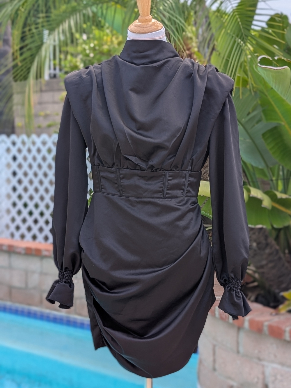 PrettyLittleThing Black Long-Sleeve Draped Waist Dress